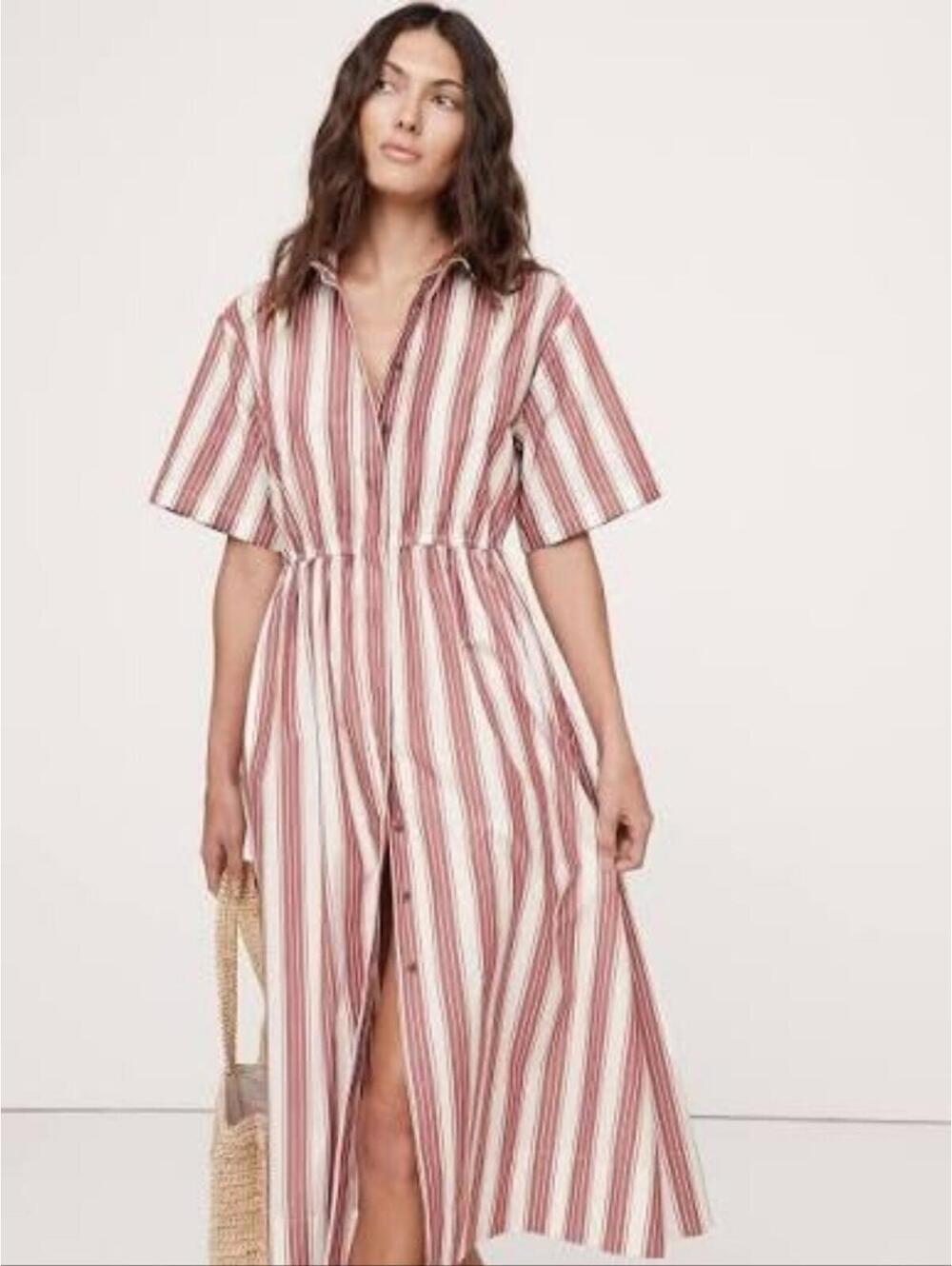 Banana Republic Cotton Poplin Open-Back Shirt Dress Red Stripe dressy SMALL - Picture 2 of 4